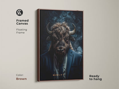 A framed canvas features a buffalo head on a man in a suit. The floating frame is brown and ready to hang. This unique artwork adds character to any room.
