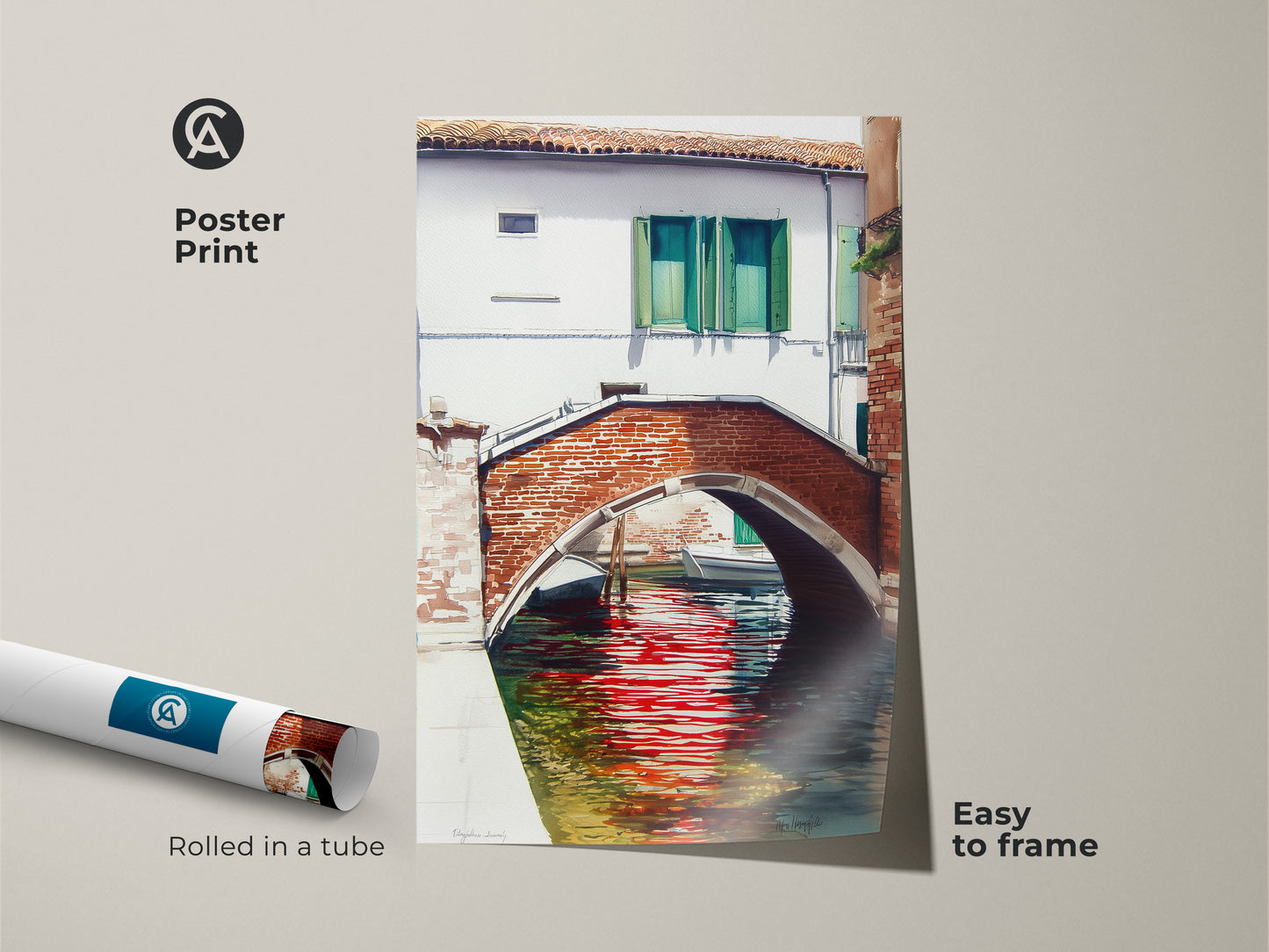 This poster print shows a watercolor painting of a Venice canal with a brick bridge. The red reflections art is easy to frame. It is rolled in a tube for protection. Ideal wall art for travel enthusiasts.