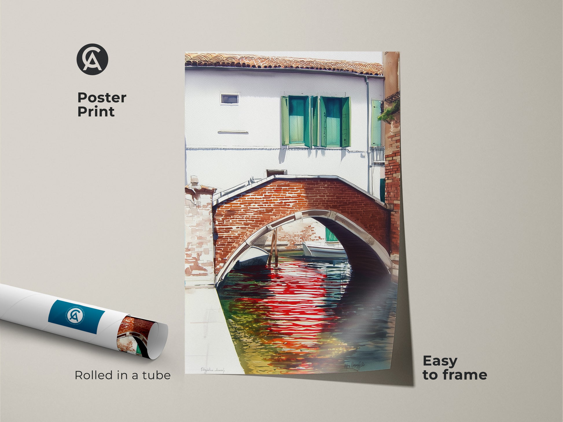 This poster print shows a watercolor painting of a Venice canal with a brick bridge. The red reflections art is easy to frame. It is rolled in a tube for protection. Ideal wall art for travel enthusiasts.
