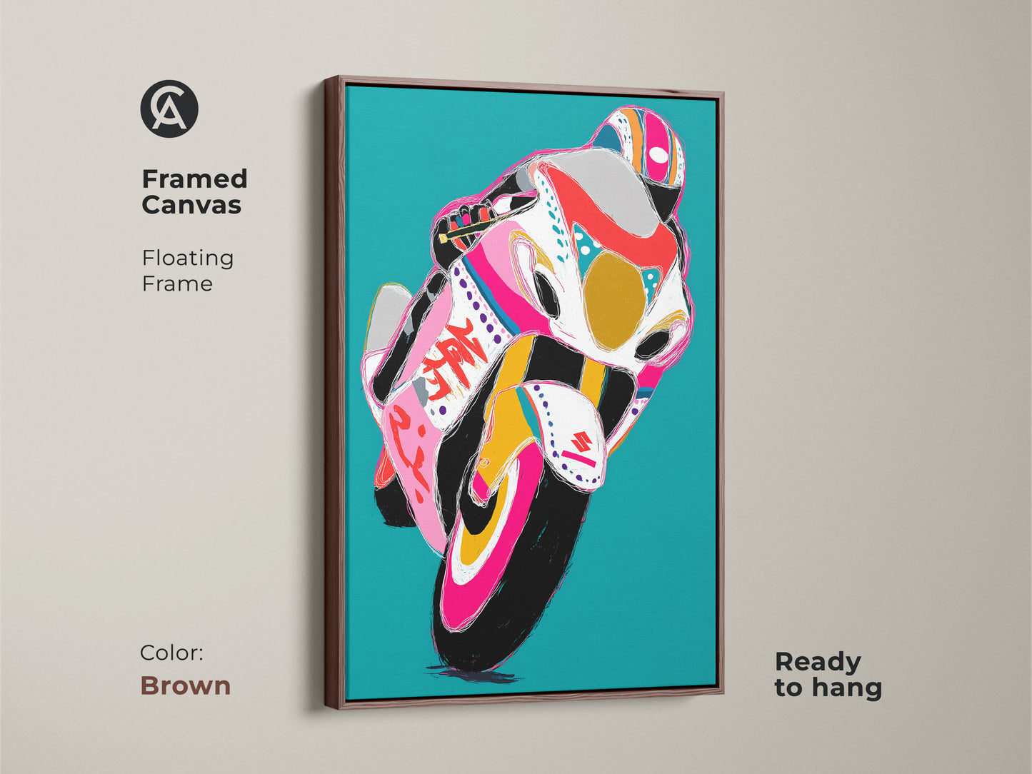 Framed graffiti racer art on canvas with a brown floating frame. Teal abstract artwork is ready to hang. The pop art motorcycle painting adds a unique touch to any man cave. Buy this vibrant racing art for a modern and eclectic home decor style.