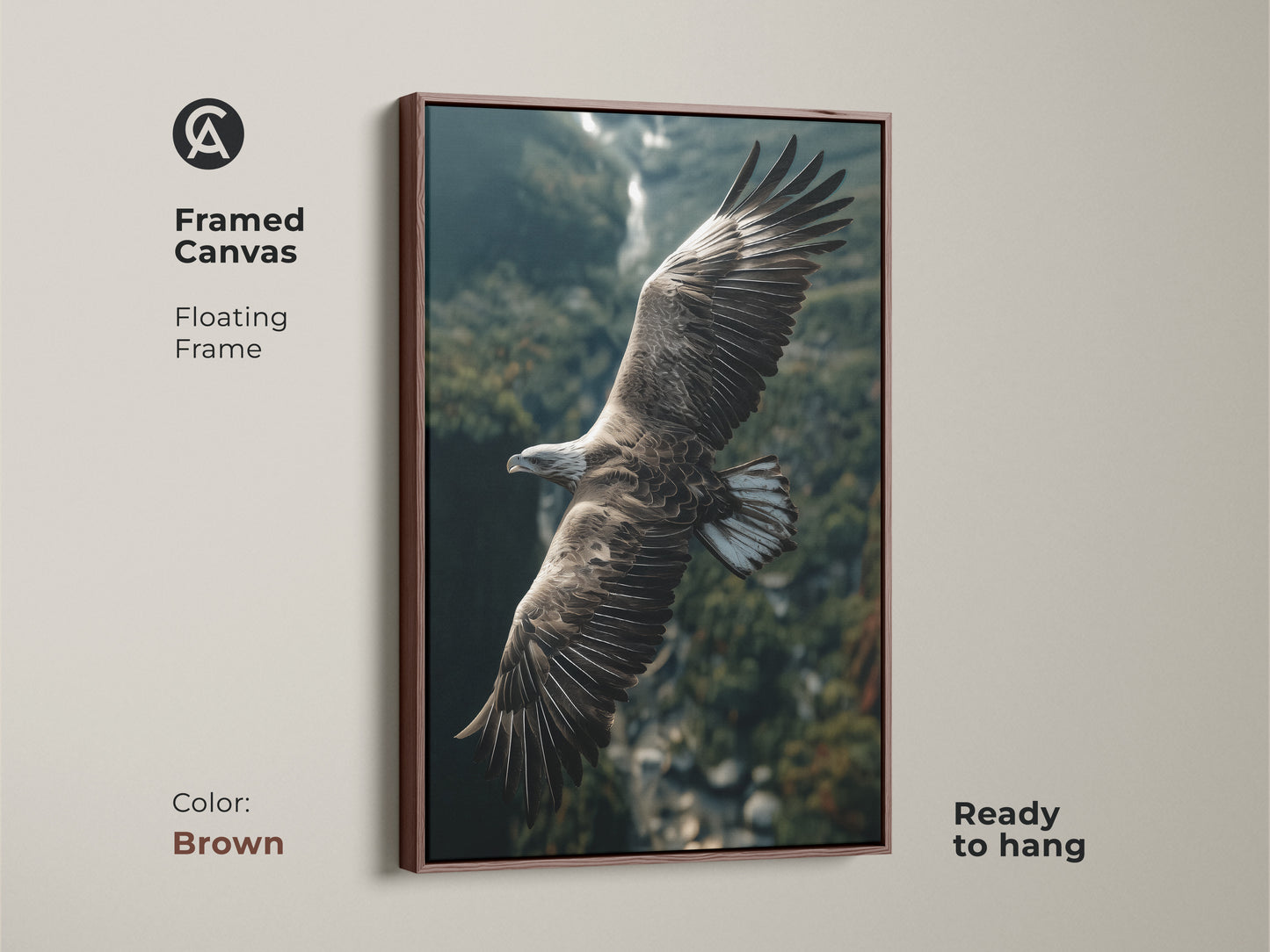 Eagle canvas in a brown floating frame. This wildlife photography print brings nature's beauty to your home. Rustic style suits any study room or living space. An ideal gift for bird watchers and nature enthusiasts.