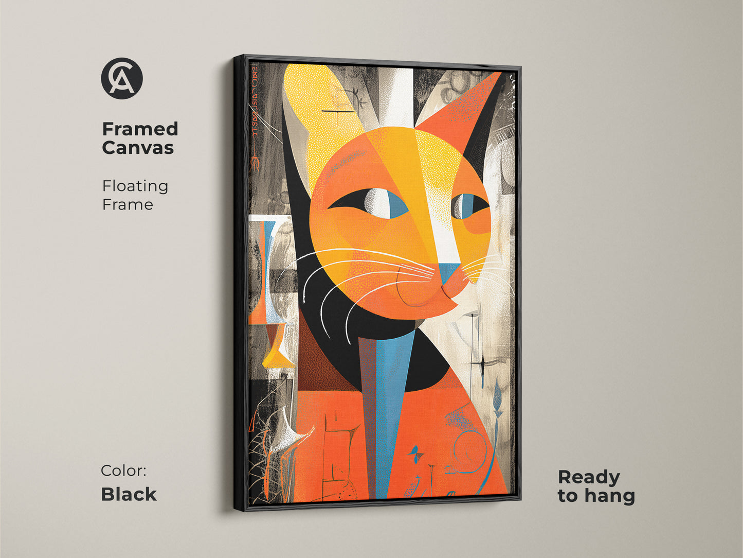 Framed canvas featuring abstract cat artwork with a black floating frame. Ready to hang this orange and yellow cubist feline print adds an eclectic touch. Ideal modern wall decor for cat moms and art enthusiasts.