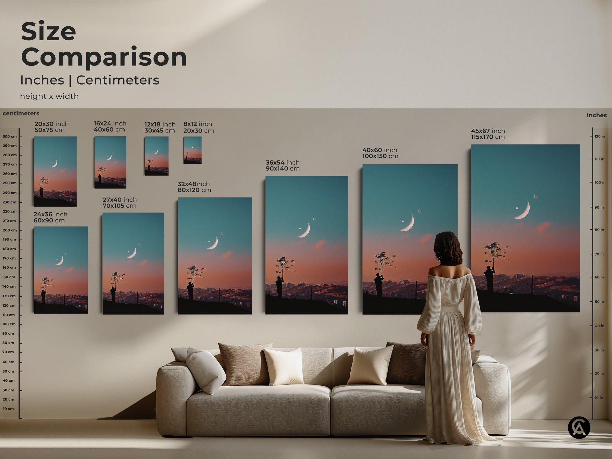 Size comparison of surreal space artwork. Inches and centimeters are shown. See how the dreamy moon canvas art fits above a sofa. Visualize the celestial landscape wall art in your living room. Available in various sizes for any space. Perfect as modern home decor.