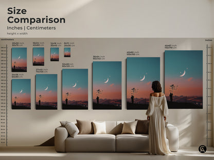 Size comparison of surreal space artwork. Inches and centimeters are shown. See how the dreamy moon canvas art fits above a sofa. Visualize the celestial landscape wall art in your living room. Available in various sizes for any space. Perfect as modern home decor.