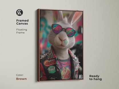 Framed canvas of punk rock bunny art in a brown floating frame. The cool bunny wears sunglasses and a studded jacket. Ready to hang animal artwork offers an edgy vibe. Perfect for teen rooms or man caves. This unique gift idea for alternative art lovers. Shop now