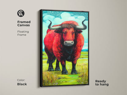 Framed canvas showcases a bold red bull painting with a floating black frame. The animal artwork brings rustic charm and is ready to hang. Ideal for enhancing living room or bedroom decor this statement animal print makes a thoughtful housewarming gift for bull owners.