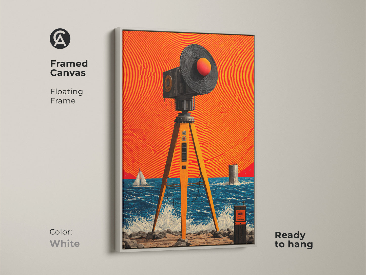 Enhance your decor with this Framed Canvas. The surreal seascape features surveying equipment and a sailboat. A white floating frame accents the canvas art. Its a perfect fit for eclectic decor styles. Ready to hang. 