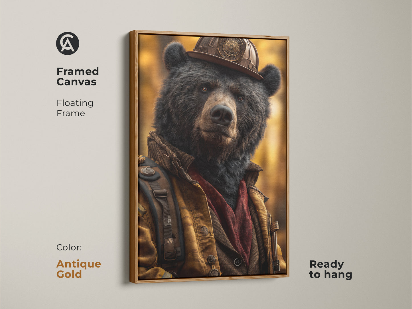 Framed canvas of a wildlife bear firefighter. The antique gold floating frame enhances the realistic animal portrait. Consider it as animal art for the office. This nature wildlife artwork makes a cool bear poster