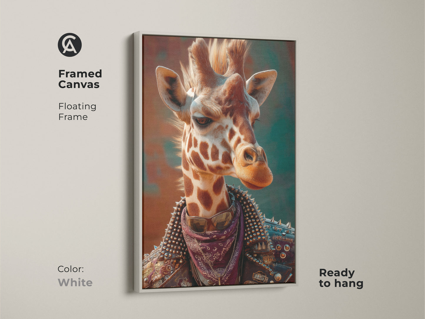 The framed canvas showcases punk giraffe artwork. The white floating frame offers a clean look. Ready to hang it's a surreal animal canvas. It is perfect for teen room decor. This wildlife animal print is alternative art. It's a unique animal poster.