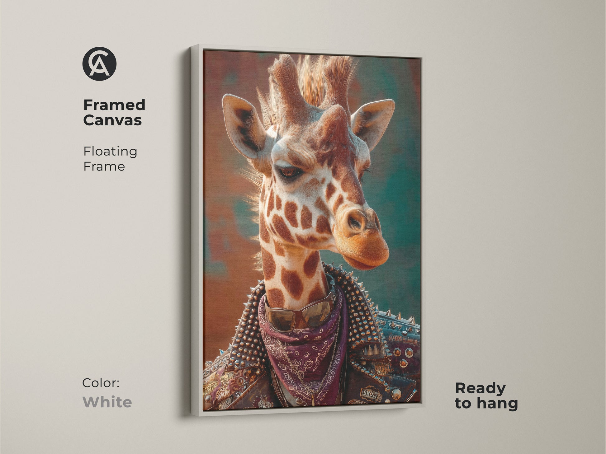 The framed canvas showcases punk giraffe artwork. The white floating frame offers a clean look. Ready to hang it's a surreal animal canvas. It is perfect for teen room decor. This wildlife animal print is alternative art. It's a unique animal poster.