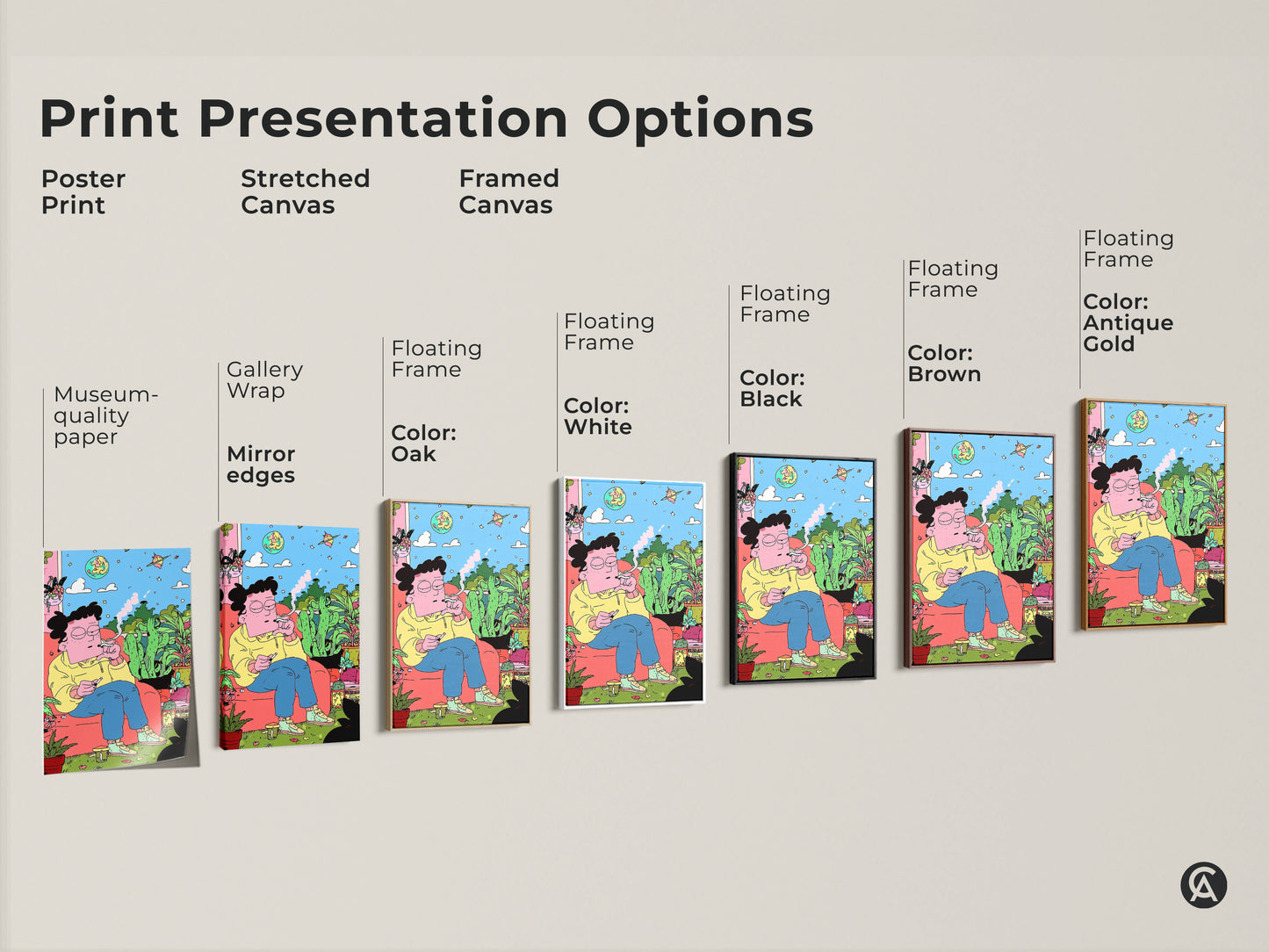Explore print presentation options for this unique art. Choose from poster prints stretched canvases or framed canvases. Customize your art with various floating frame colors. Select the perfect style to match your decor. Museum-quality art with gallery wrap options.