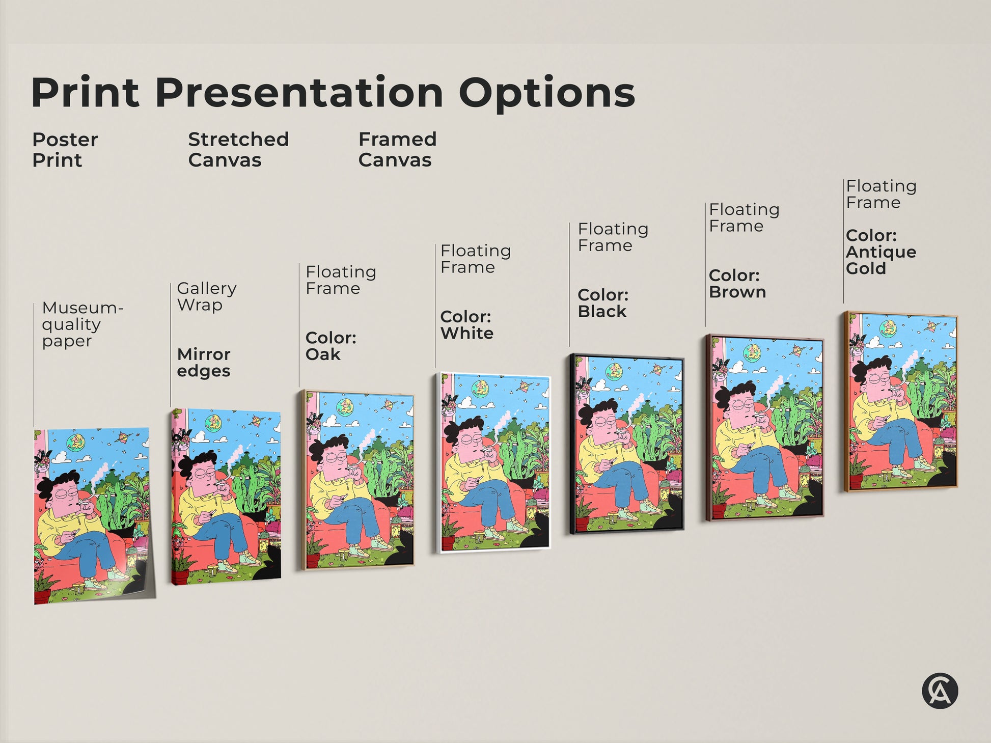 Explore print presentation options for this unique art. Choose from poster prints stretched canvases or framed canvases. Customize your art with various floating frame colors. Select the perfect style to match your decor. Museum-quality art with gallery wrap options.