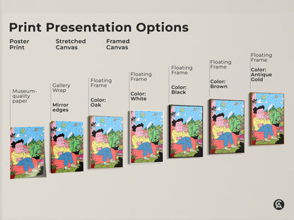 Explore print presentation options for this unique art. Choose from poster prints stretched canvases or framed canvases. Customize your art with various floating frame colors. Select the perfect style to match your decor. Museum-quality art with gallery wrap options.