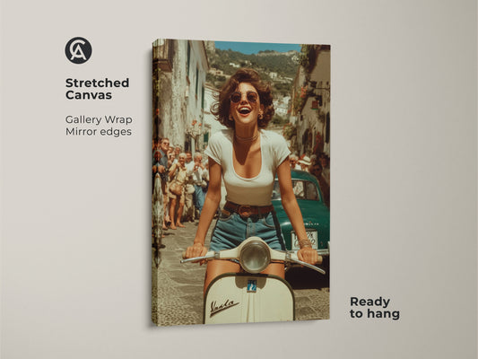 Stretched canvas gallery wrap showcasing a woman riding a vintage Vespa. This piece embodies retro Italian street scenes. It is a boho travel lifestyle poster. Ready to hang this artwork adds vintage summer vibes to any room with its terracotta teal decor.