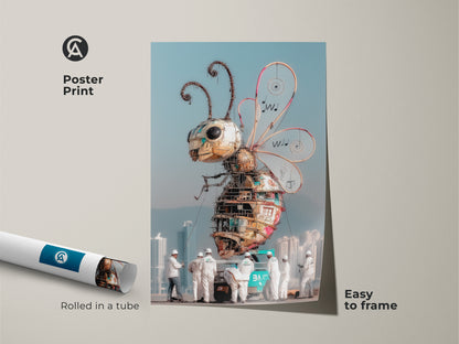 Steampunk bee poster print rolled in a tube. It's an easy-to-frame metal insect canvas. The industrial insect artwork features intricate details. It is ideal for modern industrial decor. This futuristic bee art adds a unique touch. Perfect as artistic bee illustration or custom art print.