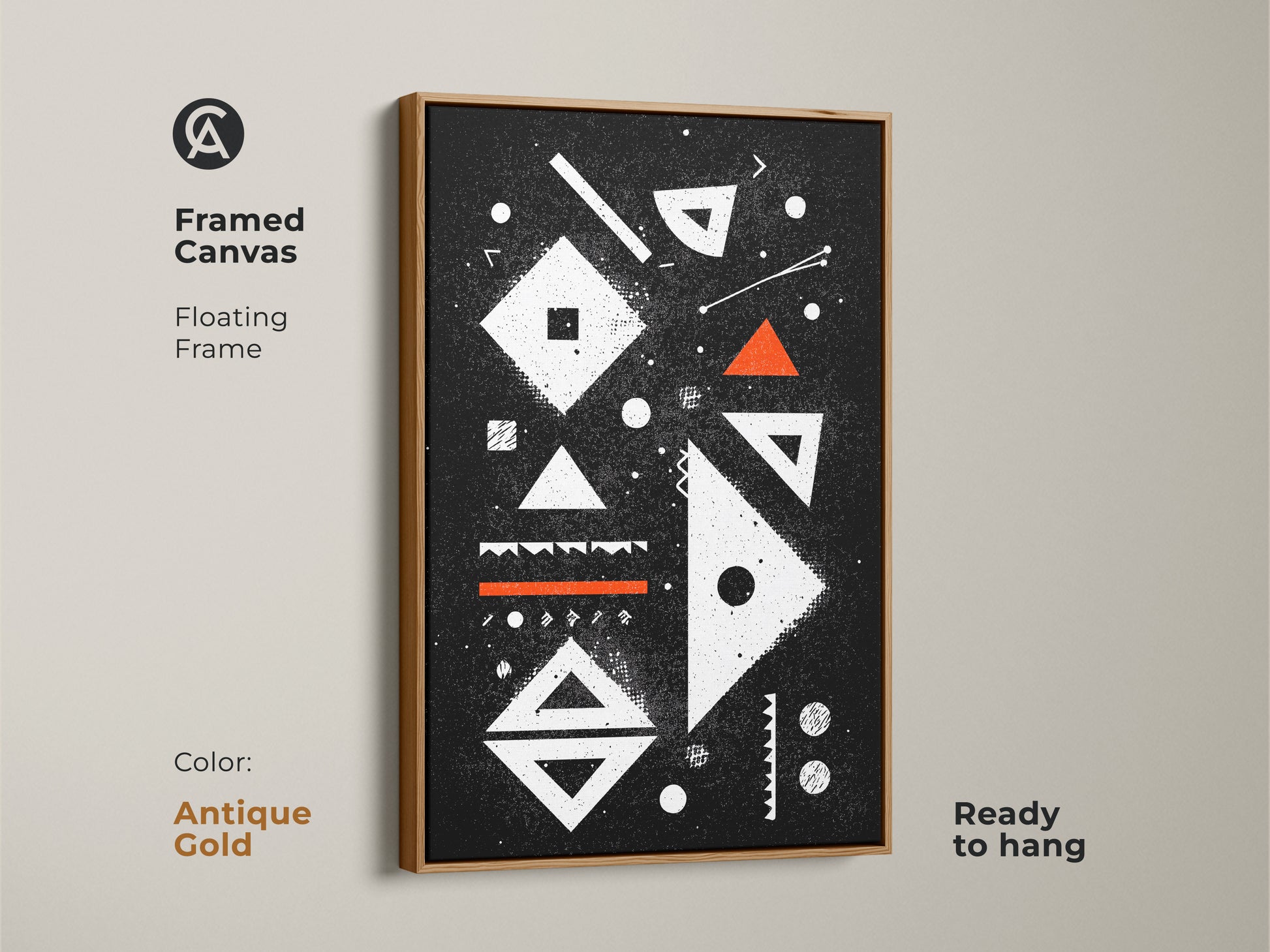 Framed canvas with floating frame displaying Bauhaus-inspired abstract geometric wall art. The frame is antique gold. It's a ready-to-hang piece that offers a creative touch for workspace art. The black white and orange print brings minimalist modern flair.