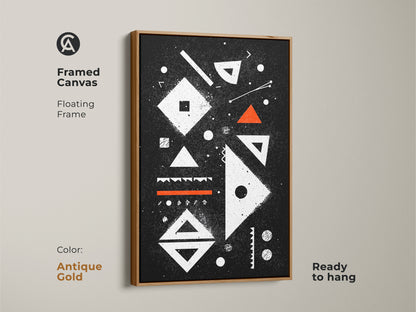 Framed canvas with floating frame displaying Bauhaus-inspired abstract geometric wall art. The frame is antique gold. It's a ready-to-hang piece that offers a creative touch for workspace art. The black white and orange print brings minimalist modern flair.