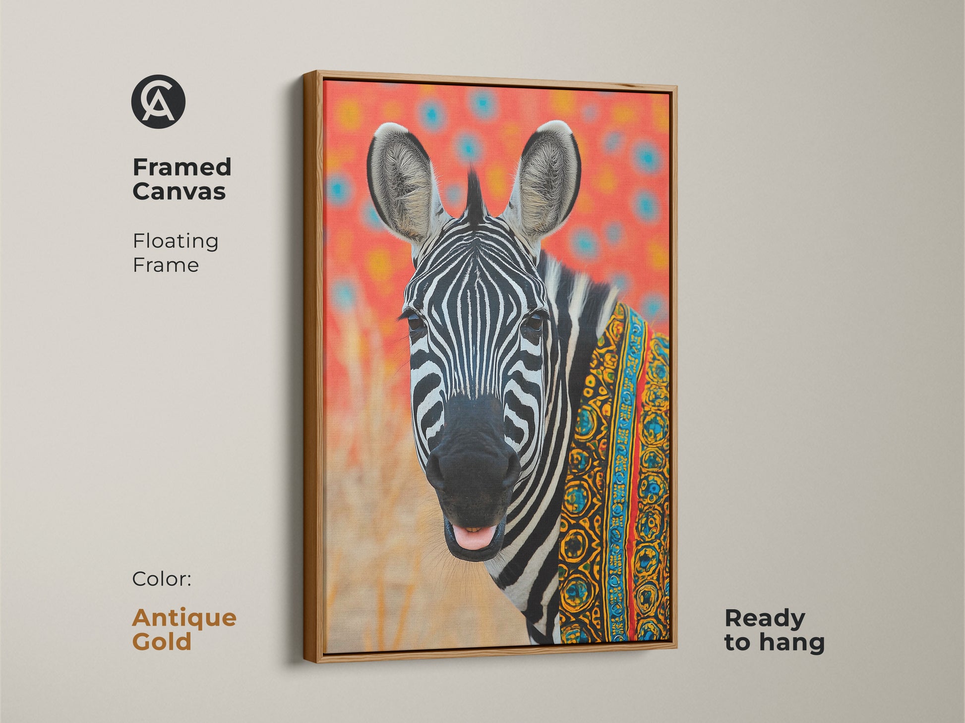 Framed canvas featuring tribal zebra art. Antique gold floating frame elevates modern folk animal art. This boho animal print displays African patterns. Ready to hang and enjoy. Perfect eclectic animal art for any space. A colorful zebra painting.