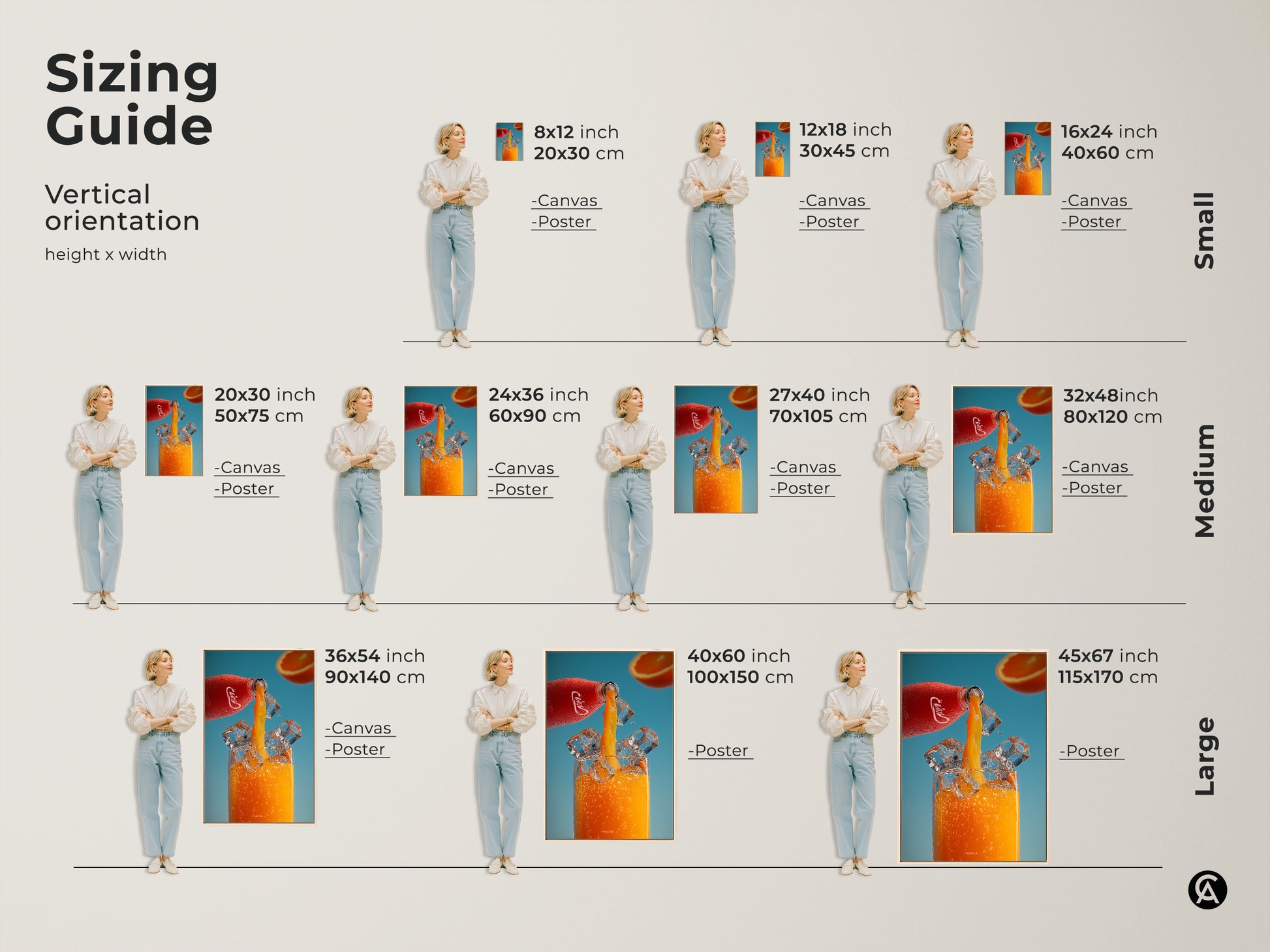 Sizing guide for vertical orange juice art prints. Visualize various sizes of canvas and poster prints with models. Find the perfect fit for your space from small to large options. Contemporary kitchen wall art featuring a refreshing orange beverage.