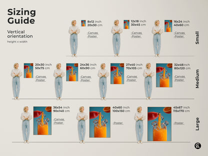 Sizing guide for vertical orange juice art prints. Visualize various sizes of canvas and poster prints with models. Find the perfect fit for your space from small to large options. Contemporary kitchen wall art featuring a refreshing orange beverage.