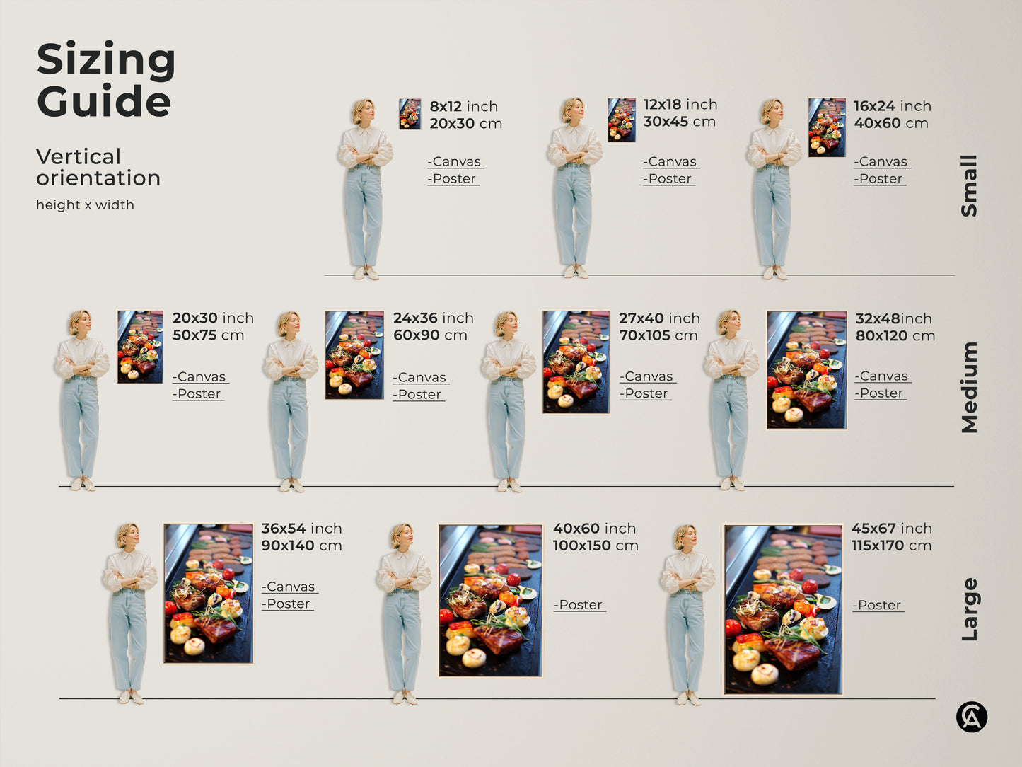 Sizing guide for vertical gourmet steak and vegetable art prints. Available as canvas or poster in small medium and large sizes. Find the perfect fit for your kitchen dining room or home bar. Modern kitchen wall art to complement modern and gourmet art styles making it an ideal housewarming gift.