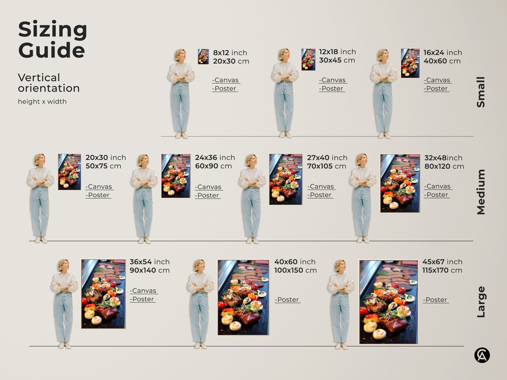 Sizing guide for vertical gourmet steak and vegetable art prints. Available as canvas or poster in small medium and large sizes. Find the perfect fit for your kitchen dining room or home bar. Modern kitchen wall art to complement modern and gourmet art styles making it an ideal housewarming gift.
