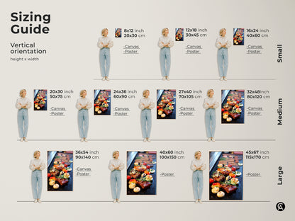 Sizing guide for vertical gourmet steak and vegetable art prints. Available as canvas or poster in small medium and large sizes. Find the perfect fit for your kitchen dining room or home bar. Modern kitchen wall art to complement modern and gourmet art styles making it an ideal housewarming gift.