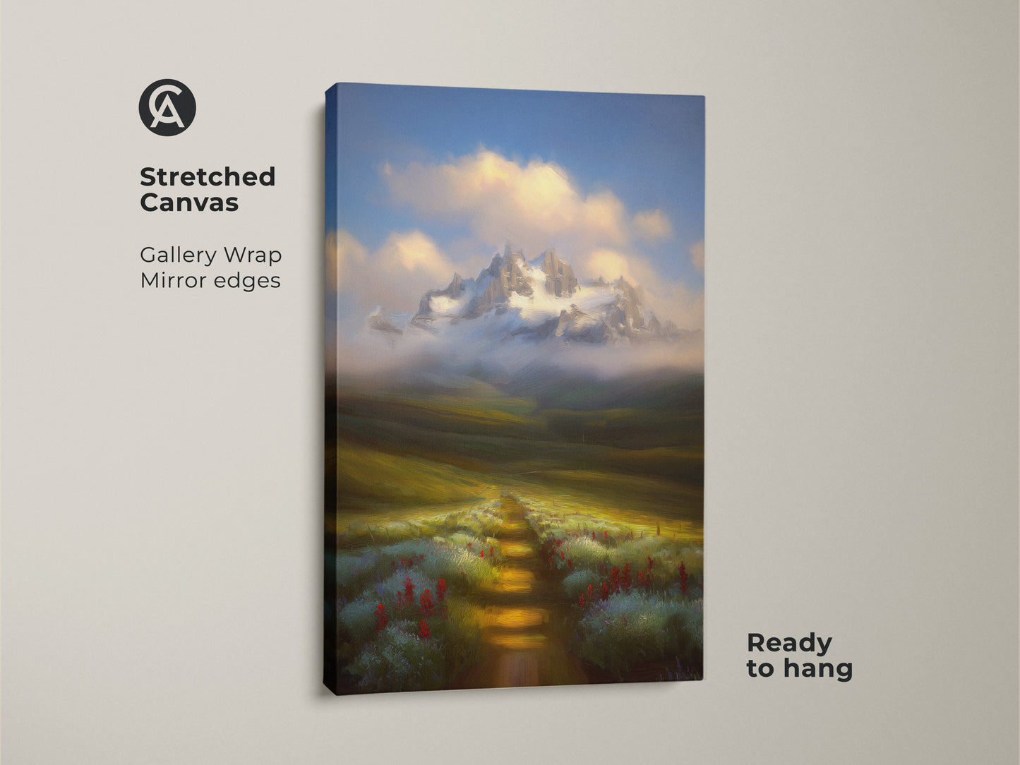 Stretched canvas print featuring an impressionist mountain landscape. This gallery-wrapped art shows a wildflower path to snowy peaks. Ready to hang rustic nature artwork.