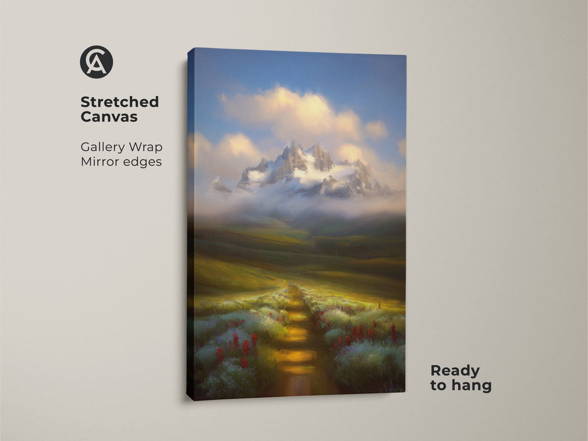 Stretched canvas print featuring an impressionist mountain landscape. This gallery-wrapped art shows a wildflower path to snowy peaks. Ready to hang rustic nature artwork.
