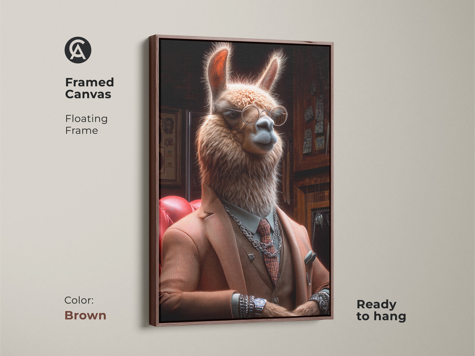 Framed canvas with a brown floating frame. Features a dapper llama gentleman. This tan orange brown animal art enhances your decor. Ready to hang as a quirky office piece. Ideal gift for animal lovers.
