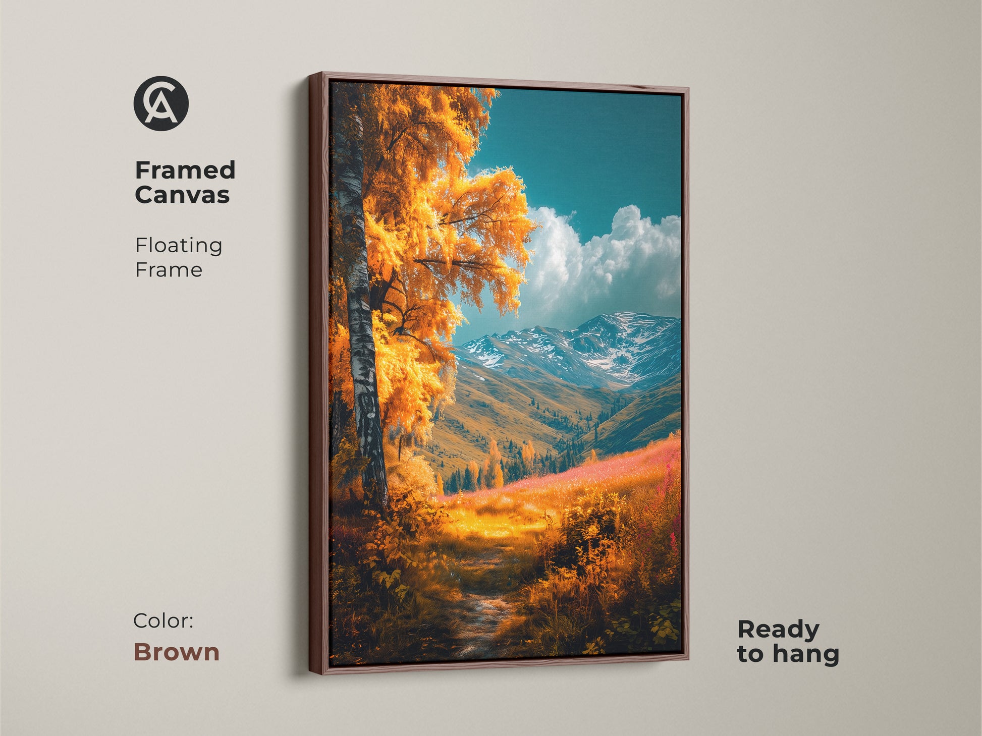 Framed canvas art in a brown floating frame. It features a golden autumn landscape. It has a striking birch tree and mountain backdrop. The warm tones enhance the beauty of the artwork. Ready to hang and enjoy.