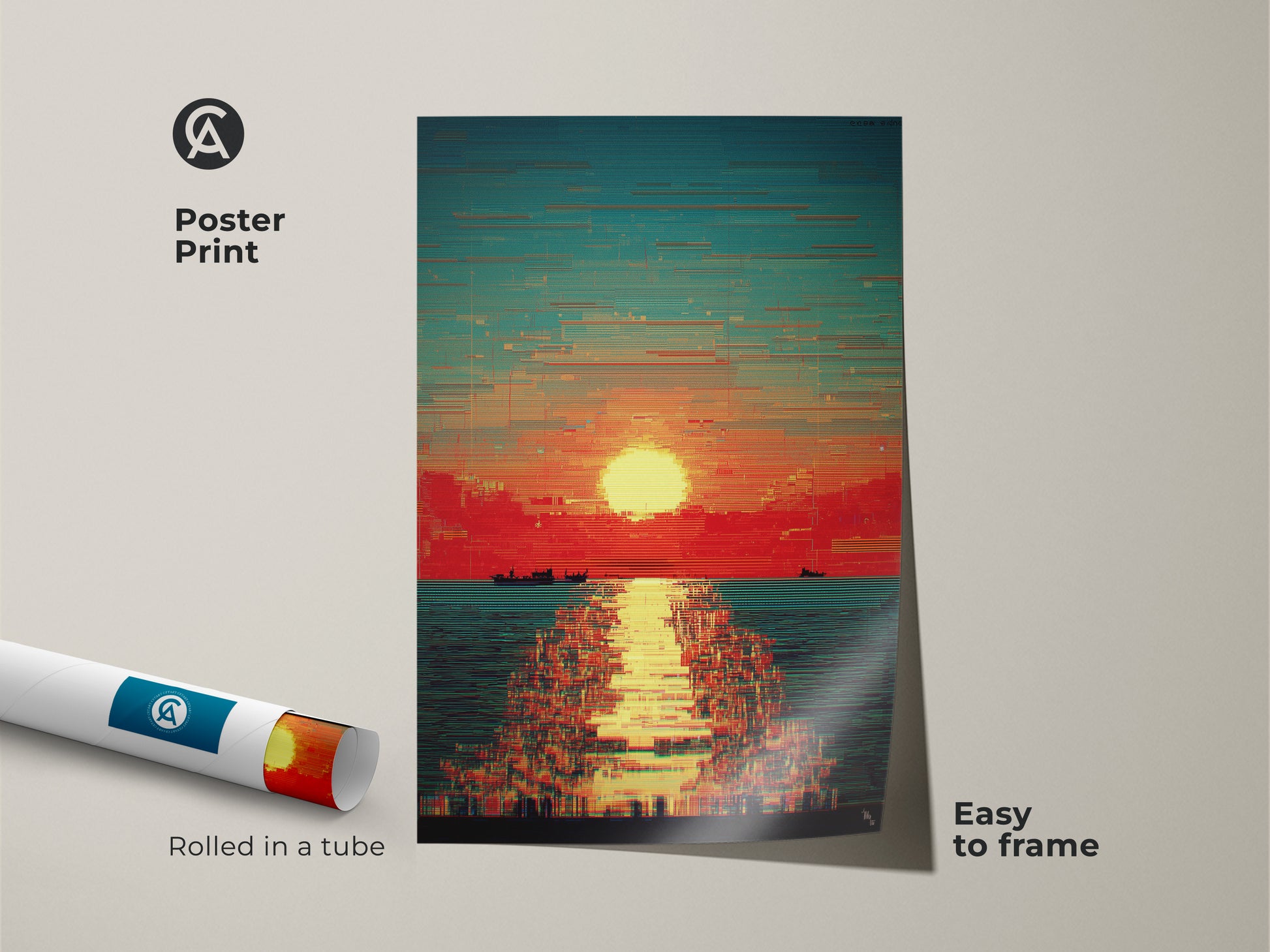 Rolled poster print displays a glitch art sunset seascape. This abstract artwork combines red orange and teal colors. Easy to frame this boat artwork adds a modern touch to any room. A great gift for art lovers.