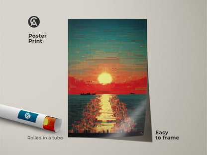 Rolled poster print displays a glitch art sunset seascape. This abstract artwork combines red orange and teal colors. Easy to frame this boat artwork adds a modern touch to any room. A great gift for art lovers.