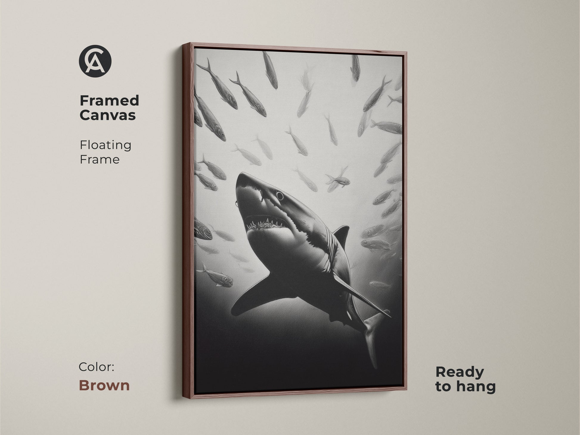 Framed canvas with floating frame in brown color. The shark hunting print is ready to hang. This ocean wildlife wall art is a perfect gift for animal lovers. Add a sophisticated touch to your home.