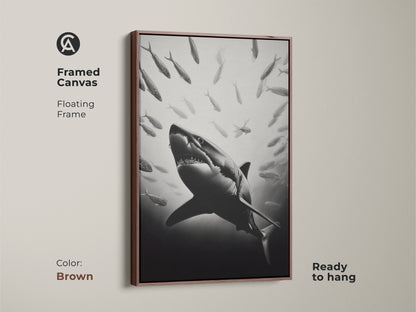 Framed canvas with floating frame in brown color. The shark hunting print is ready to hang. This ocean wildlife wall art is a perfect gift for animal lovers. Add a sophisticated touch to your home.