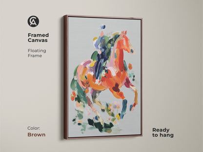 Framed Canvas featuring an abstract horse with a floating frame in brown. This equestrian artwork is ready to hang. The vibrant orange and coral animal art adds a contemporary touch to any room. The bold brushstrokes and eclectic style make it a unique statement piece. A perfect gift for art collectors.
