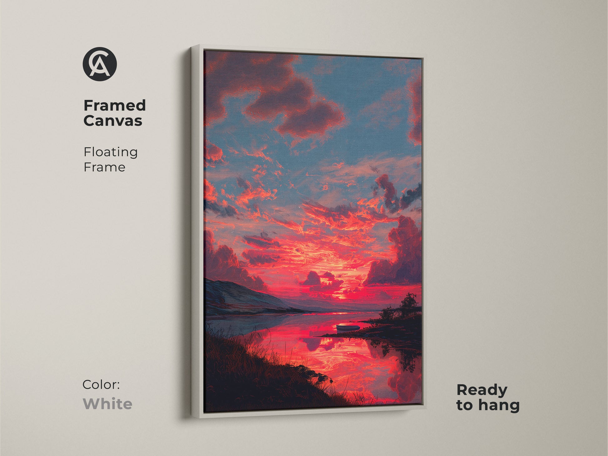 Framed canvas with a white floating frame featuring an expressive skyscape. The contemporary landscape painting showcases a dramatic crimson sunset. This nature lover gift art is perfect for bedroom wall decor. This modern home decor art brings a fresh and elegant touch to any space.