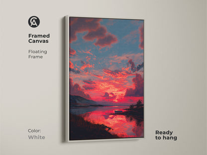Framed canvas with a white floating frame featuring an expressive skyscape. The contemporary landscape painting showcases a dramatic crimson sunset. This nature lover gift art is perfect for bedroom wall decor. This modern home decor art brings a fresh and elegant touch to any space.