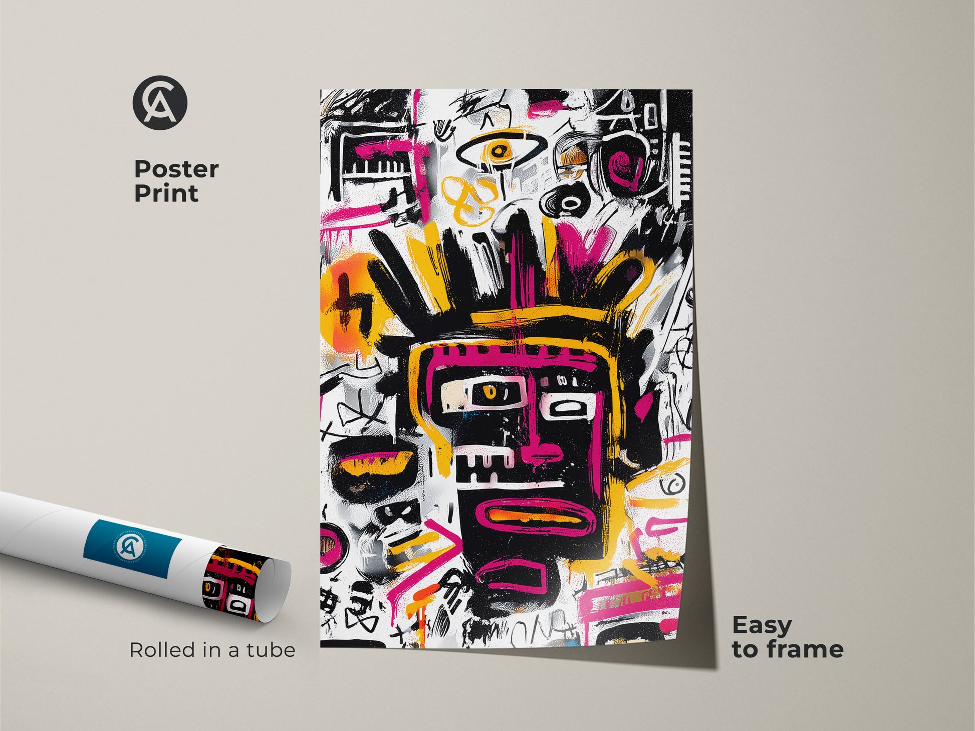 Poster print of abstract face artwork reminiscent of Basquiat. This contemporary wall art is easy to frame. The rolled poster arrives in a protective tube. Ideal for those seeking affordable yet impactful decor. The artwork brings an urban gallery feel to your space.