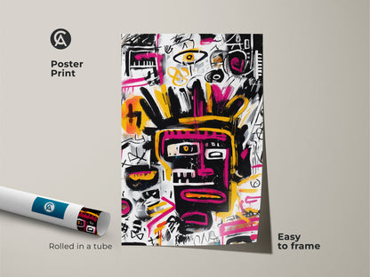 Poster print of abstract face artwork reminiscent of Basquiat. This contemporary wall art is easy to frame. The rolled poster arrives in a protective tube. Ideal for those seeking affordable yet impactful decor. The artwork brings an urban gallery feel to your space.