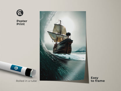Poster Print featuring a majestic Tall Ship riding a powerful Ocean Wave. This maritime wall art print embodies adventure and exploration. The deep blue grey teal art brings the spirit of the sea indoors. Easy to frame and display!