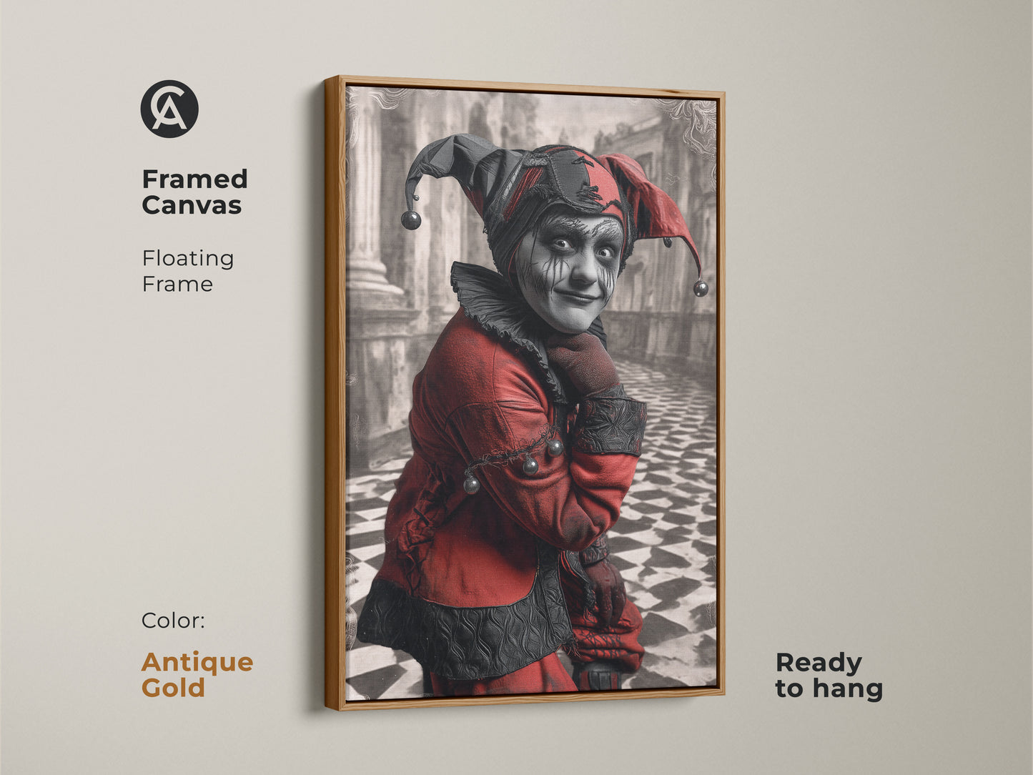 Framed canvas of crimson and black gothic jester. Floating frame in antique gold color. This harlequin character is ready to hang. The character focused artwork makes an artistic gift idea for gothic lovers.