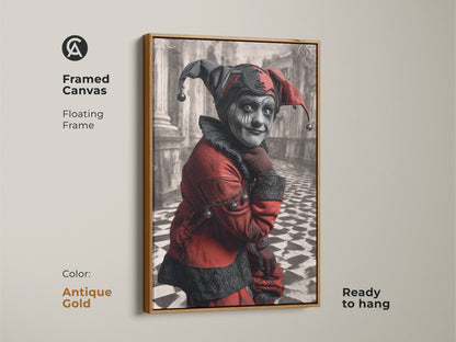 Framed canvas of crimson and black gothic jester. Floating frame in antique gold color. This harlequin character is ready to hang. The character focused artwork makes an artistic gift idea for gothic lovers.