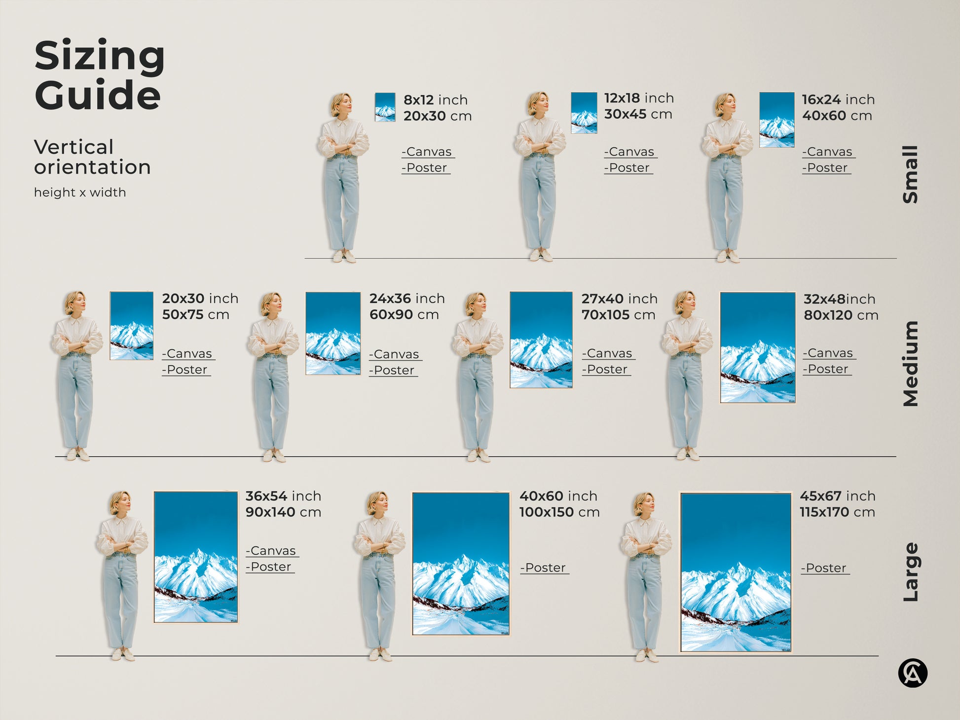Sizing guide for abstract snowy mountain art prints. Available as canvas or poster in various vertical sizes. Find the perfect fit for your space with this deep blue sky landscape artwork.