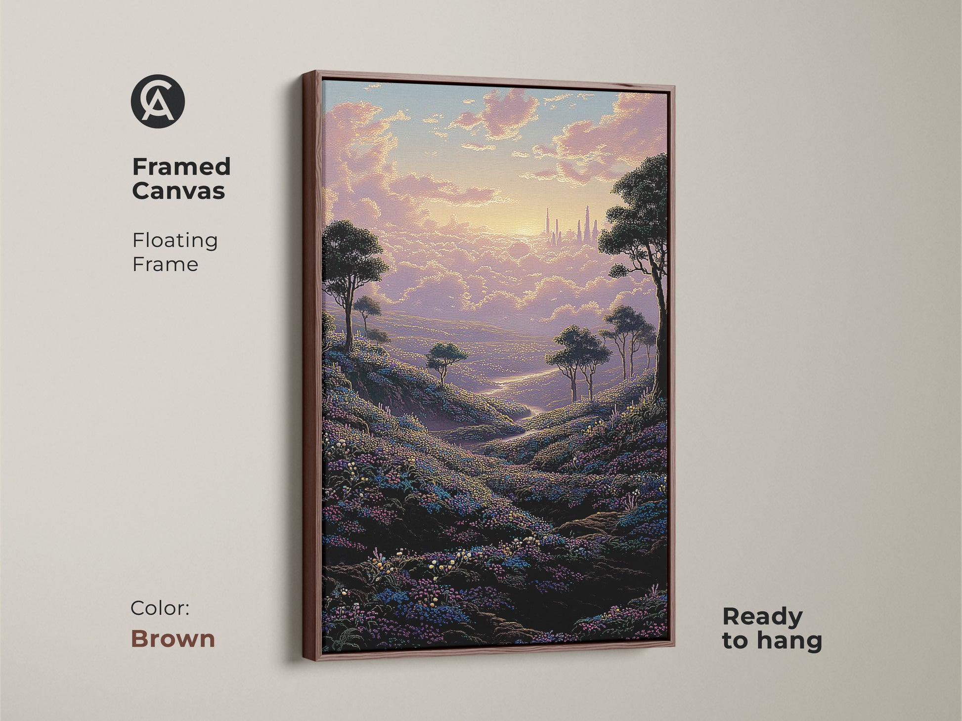 Framed canvas art in a floating brown frame features a dreamy cityscape and flower field. This unique nature landscape print is ready to hang. Ideal as a housewarming gift or bedroom wall decor.