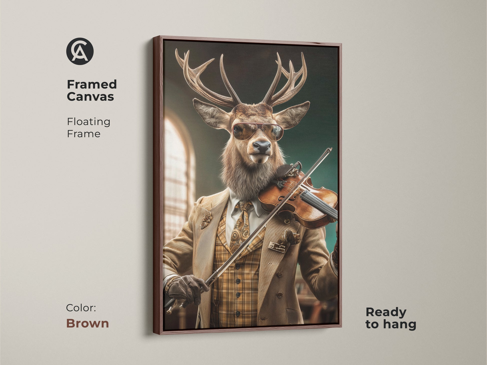 Framed canvas art featuring a deer playing a violin. The surreal animal musician print is ready to hang. It features a brown floating frame adding warmth. Perfect eclectic study room wall decor in tan and brown tones. This unique animal portrait is a conversation starter.