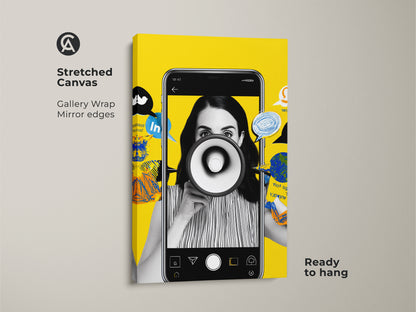 Stretched canvas print showcasing social media themed art. The gallery wrap with mirror edges adds a professional touch. The artwork is ready to hang. This canvas print is a perfect gift for marketing professionals. It enhances office decor with its modern collage style.