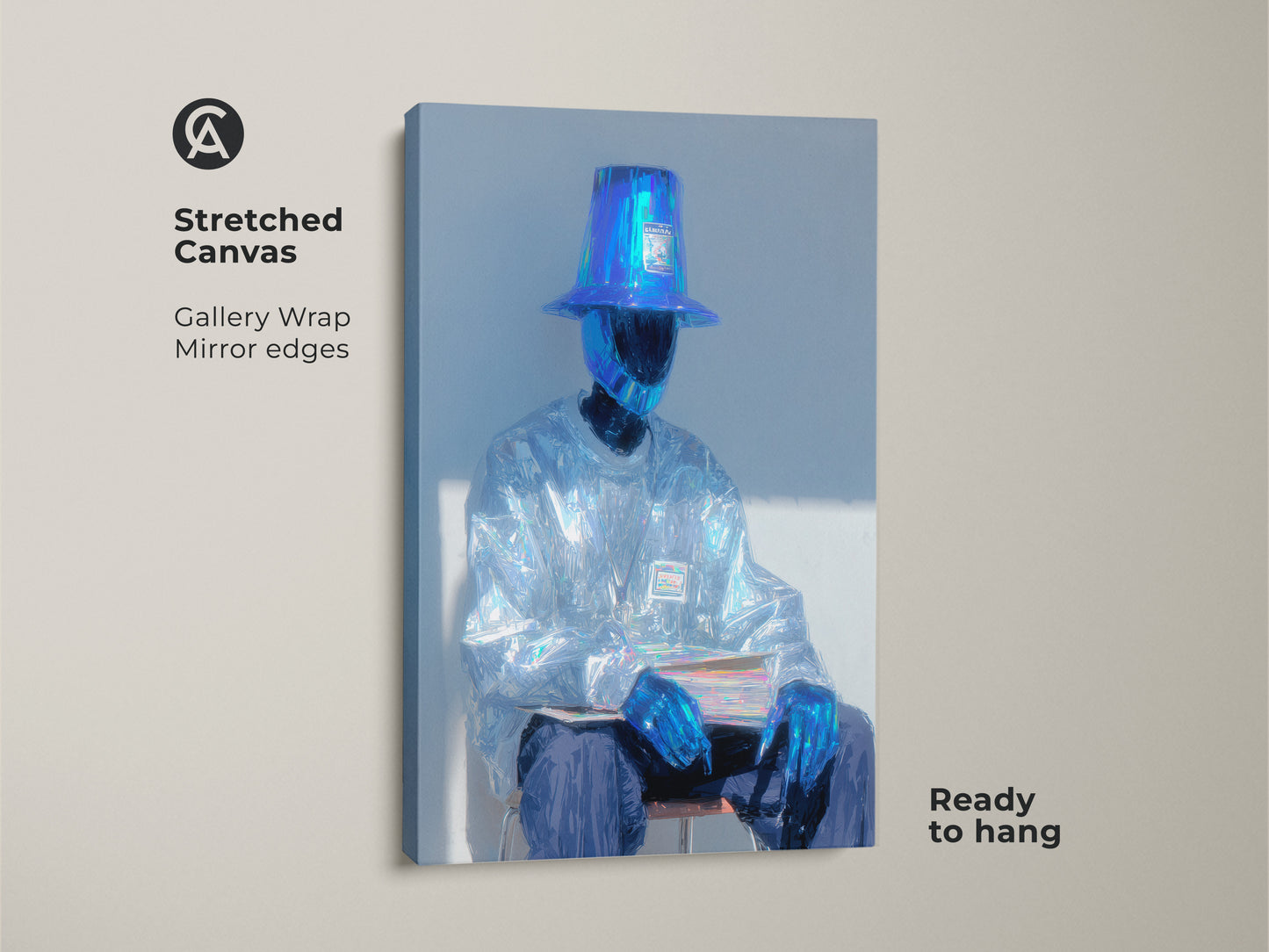Stretched canvas print of a seated figure. The subject wears a bucket hat and iridescent clothing. Gallery wrapped with mirrored edges. This ready-to-hang artwork brings a contemporary edge to any space.