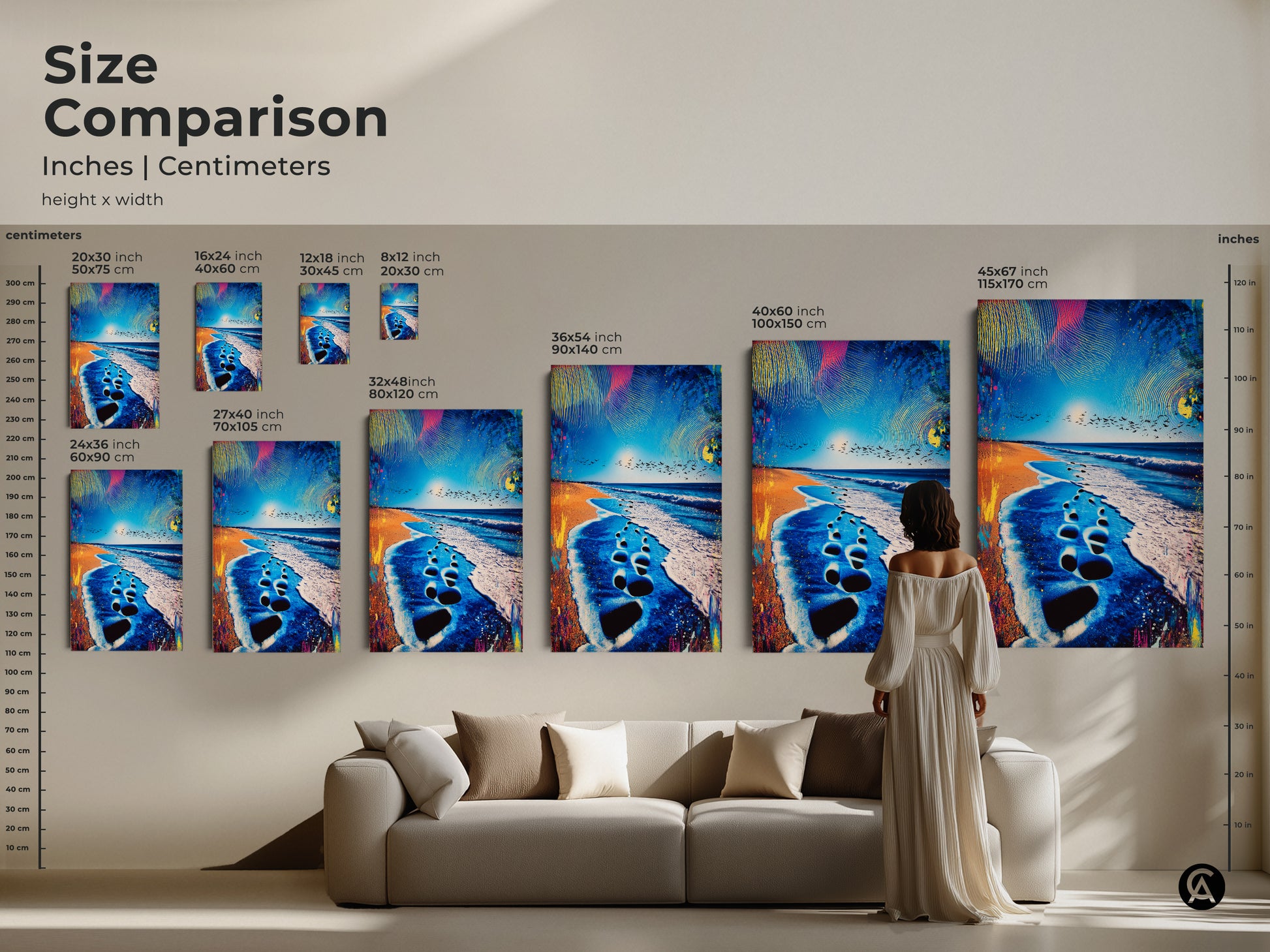 A size comparison of abstract beach art prints displayed in inches and centimeters. A woman views this wall art hanging over a couch. See how the ocean footprints and turquoise tones enhance your summer beach home decor.