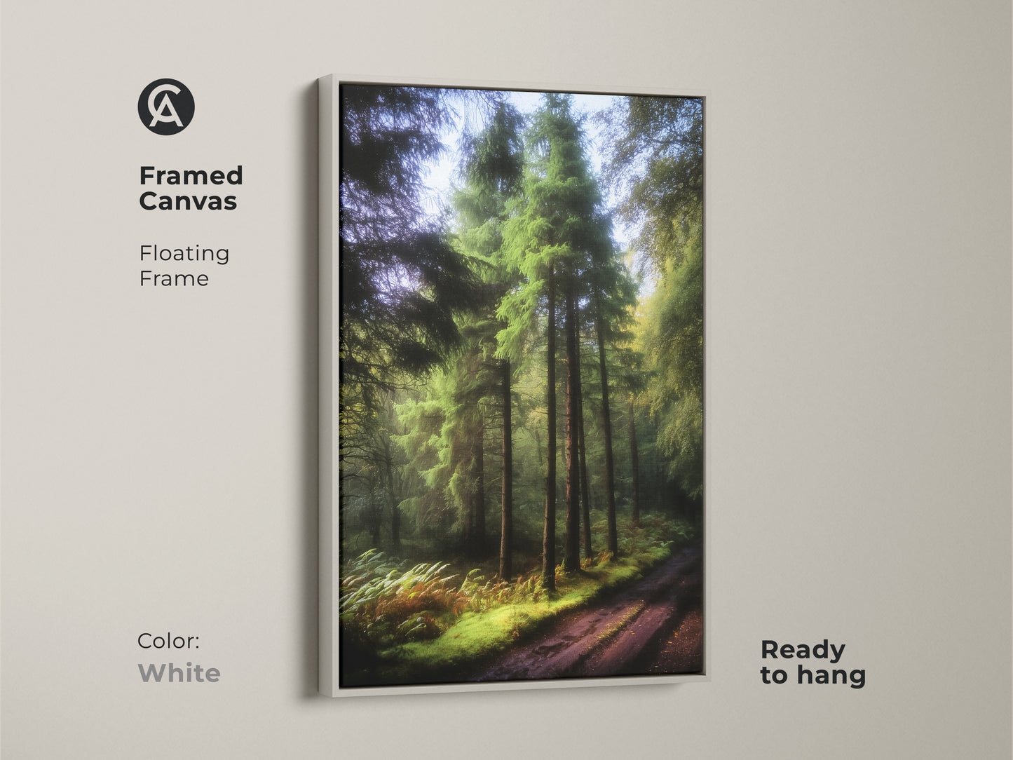Framed canvas print of a forest path with emerald green pine trees. The white floating frame enhances this rustic landscape. Ready to hang nature artwork brings tranquility indoors. A perfect housewarming gift. Ideal for bedroom decor.